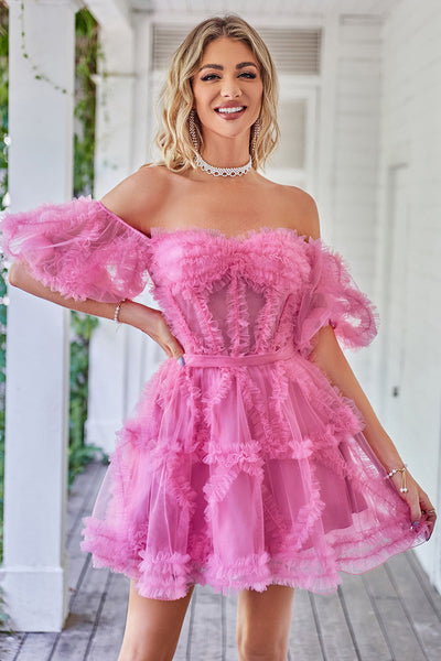 Hot Pink Off the Shoulder Tulle Short Formal Dress