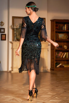 Dark Green V-neck Fringed Roaring 20s Party Dress