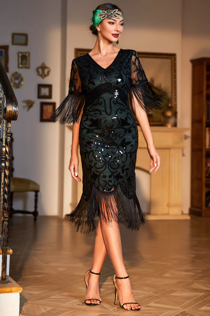 Load image into Gallery viewer, Dark Green V-neck Fringed Roaring 20s Party Dress