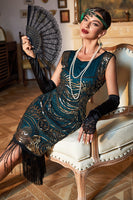 Load image into Gallery viewer, Beaded Fringed Dark Green 1920s Flapper Dress