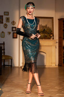 Load image into Gallery viewer, Beaded Fringed Dark Green 1920s Flapper Dress