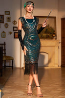Load image into Gallery viewer, Beaded Fringed Dark Green 1920s Flapper Dress