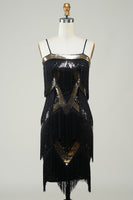 Load image into Gallery viewer, Black Spaghetti Straps Sequins 1920s Dress with Fringes