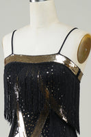 Load image into Gallery viewer, Black Spaghetti Straps Sequins 1920s Dress with Fringes