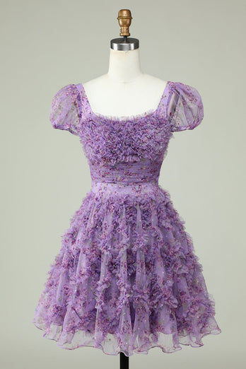 Floral A Line Purple Short Formal Dress with Ruffles
