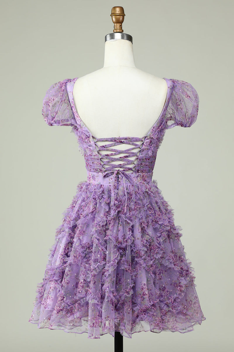 Load image into Gallery viewer, Floral A Line Purple Short Formal Dress with Ruffles