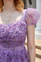 Load image into Gallery viewer, A Line Purple Printed Short Formal Dress with Ruffles