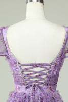 Load image into Gallery viewer, Floral A Line Purple Short Formal Dress with Ruffles