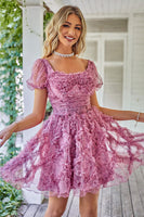 Load image into Gallery viewer, Floral A Line Dusty Rose Short Formal Dress with Ruffles