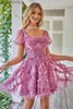 Load image into Gallery viewer, Floral A Line Purple Short Formal Dress with Ruffles