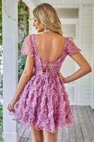 Load image into Gallery viewer, A Line Purple Printed Short Formal Dress with Ruffles