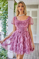 Load image into Gallery viewer, Floral A Line Purple Short Formal Dress with Ruffles