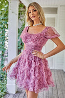 Load image into Gallery viewer, Floral A Line Dusty Rose Short Formal Dress with Ruffles