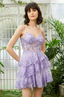 Load image into Gallery viewer, Sparkly Spaghetti Straps Sequins Purple Short Formal Dress