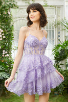 Load image into Gallery viewer, Sparkly Spaghetti Straps Sequins Purple Short Formal Dress