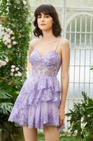 Load image into Gallery viewer, Sparkly Spaghetti Straps Sequins Purple Short Formal Dress