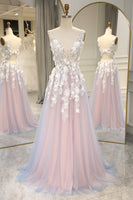 Load image into Gallery viewer, Grey Pink A Line Backless Long Formal Dress With Appliques