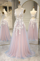 Load image into Gallery viewer, Grey Pink A Line Backless Long Formal Dress With Appliques