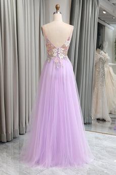 Lilac Tulle A Line Appliques Long Formal Dress With Slit