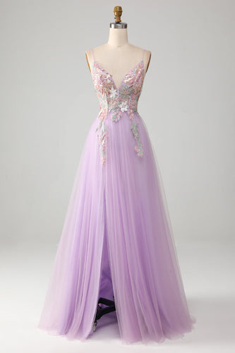 Glitter A-Line Spaghetti Straps Lilac Long Formal Dress with Flowers