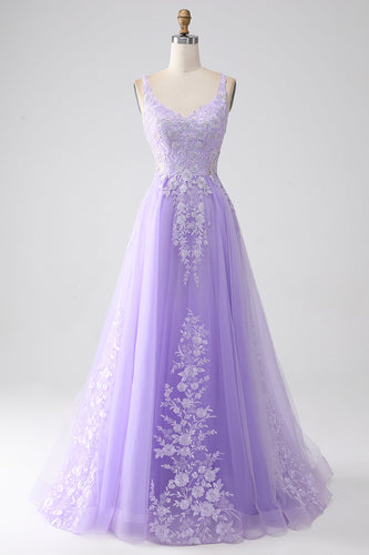 Lilac A-Line Spaghetti Straps Tulle Long Formal Dress with Appliques