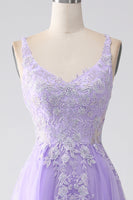 Load image into Gallery viewer, Lilac A-Line Spaghetti Straps Tulle Long Formal Dress with Appliques