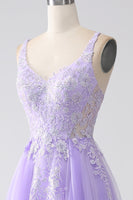 Load image into Gallery viewer, Lilac A-Line Spaghetti Straps Tulle Long Formal Dress with Appliques