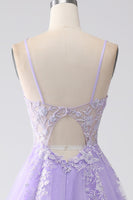 Load image into Gallery viewer, Lilac A-Line Spaghetti Straps Tulle Long Formal Dress with Appliques