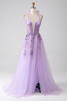 Load image into Gallery viewer, Grey Purple A-Line Halter Neck Beaded Long Formal Dress