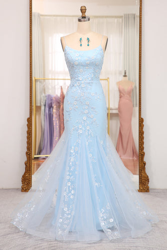 Blue Mermaid Spaghetti Straps Long Formal Dress With Appliques