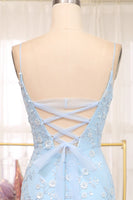 Load image into Gallery viewer, Blue Mermaid Spaghetti Straps Long Formal Dress With Appliques