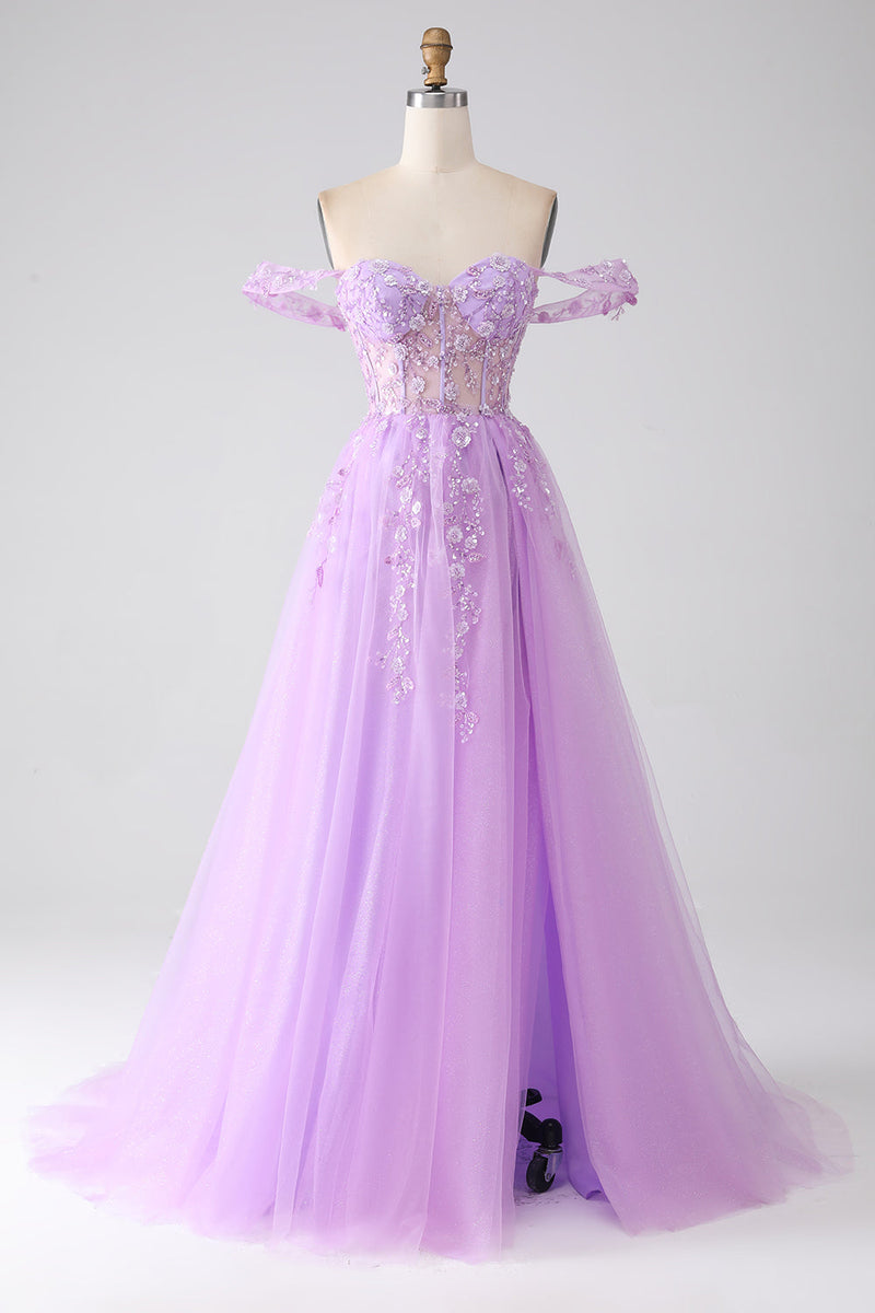 Load image into Gallery viewer, Lilac A-Line Off The Shoulder Beaded Corset Formal Dress