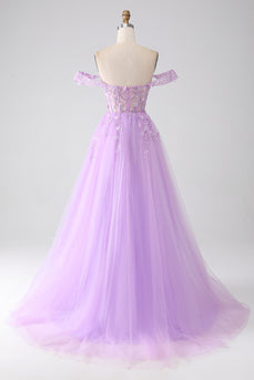 Lilac A-Line Off The Shoulder Beaded Corset Formal Dress