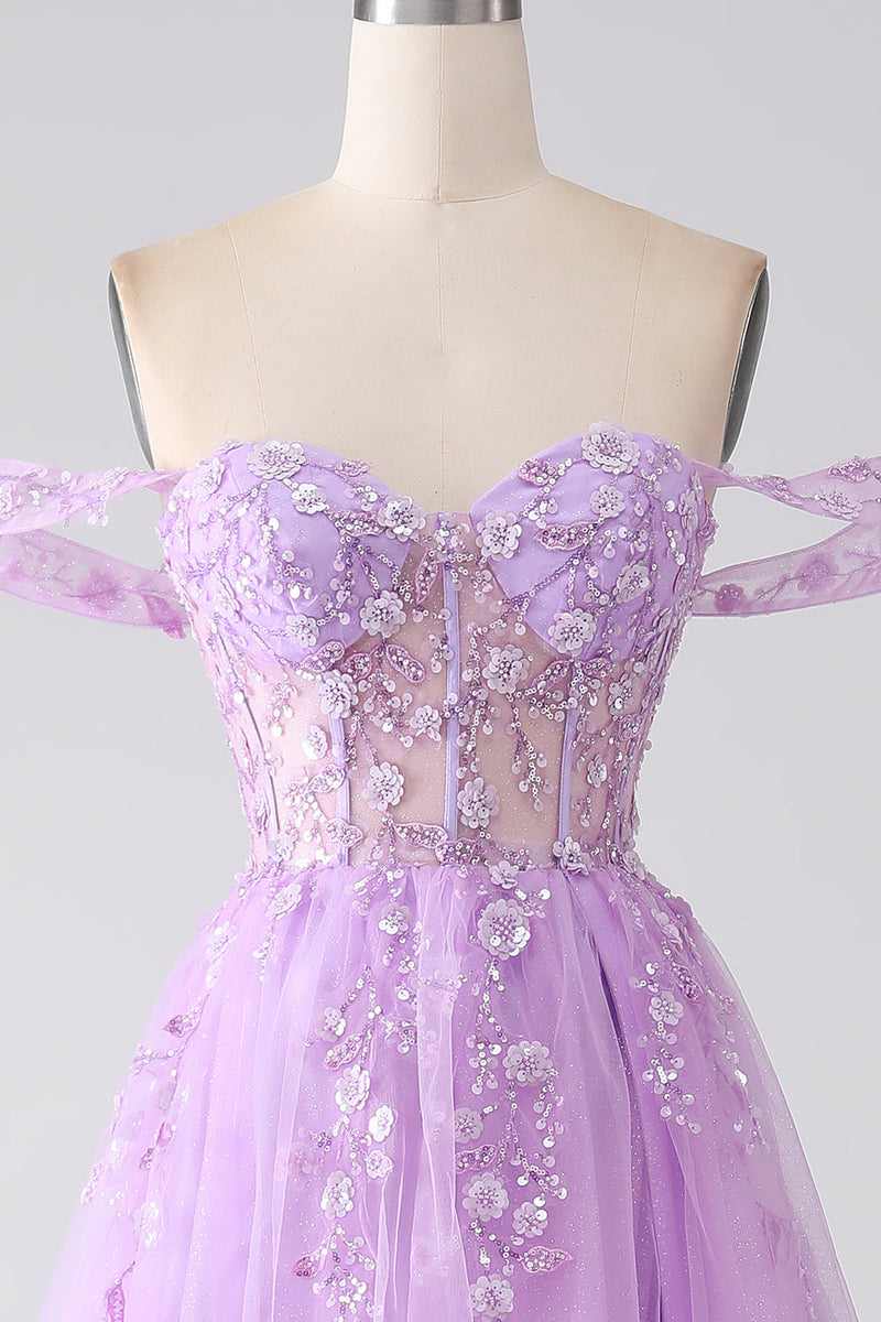 Load image into Gallery viewer, Lilac A-Line Off The Shoulder Beaded Corset Formal Dress