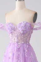 Load image into Gallery viewer, Lilac A-Line Off The Shoulder Beaded Corset Formal Dress