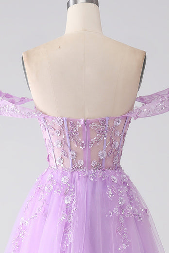 Lilac A-Line Off The Shoulder Beaded Corset Formal Dress