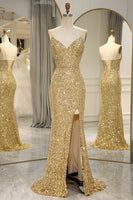 Load image into Gallery viewer, Sparkly Golden Mermaid Backless Long Formal Dress With Slit