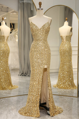 Sparkly Golden Mermaid Backless Long Formal Dress With Slit