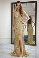 Load image into Gallery viewer, Glitter Golden Mermaid Backless Long Formal Dress With Slit