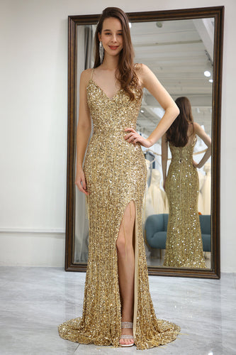 Glitter Golden Mermaid Backless Long Formal Dress With Slit