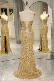 Sparkly Golden Mermaid Backless Long Formal Dress With Slit
