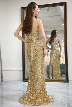 Glitter Golden Mermaid Backless Long Formal Dress With Slit