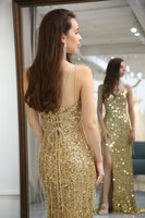 Load image into Gallery viewer, Glitter Golden Mermaid Backless Long Formal Dress With Slit