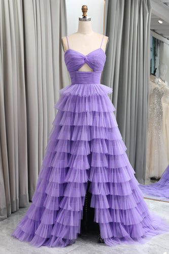 Purple Tulle A Line Tiered Long Formal Dress With Front Slit