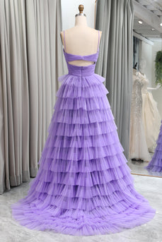 Purple Tulle A Line Tiered Long Formal Dress With Front Slit