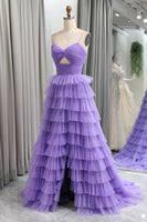 Load image into Gallery viewer, Purple Tulle A Line Tiered Long Formal Dress With Front Slit