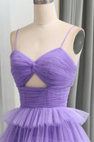 Load image into Gallery viewer, Purple Tulle A Line Tiered Long Formal Dress With Front Slit