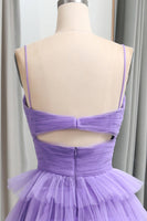 Load image into Gallery viewer, Purple Tulle A Line Tiered Long Formal Dress With Front Slit