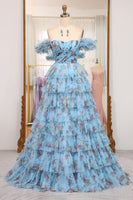 Load image into Gallery viewer, Blue A Line Strapless Long Tiered Formal Dress With Feathers