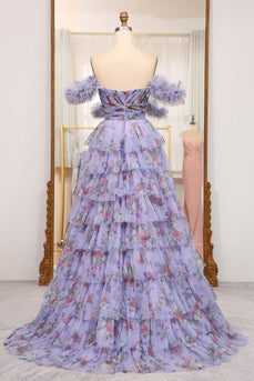 Lavender A Line Strapless Long Tiered Formal Dress With Feathers
